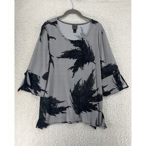 Clara Sun Woo Tunic Women's Size Large Tropical Artsy 3/4 Sleeves Flowy Navy